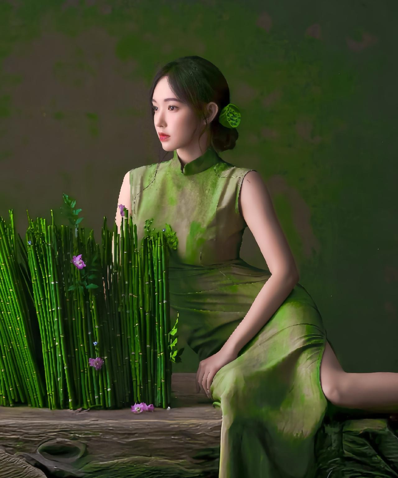 程潇：墨绿旗袍映青竹，莲蓬为簪，在古典与自然的对话里晕染雅致
