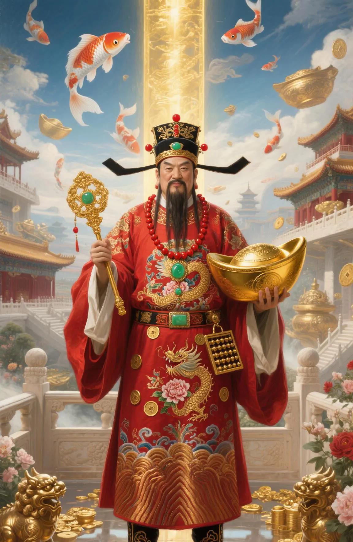 金鞍玉勒踏云来，财神笑捧聚宝盆，八方金银聚宝宅！
红封袋里装元宝，摇钱树下金叶飘