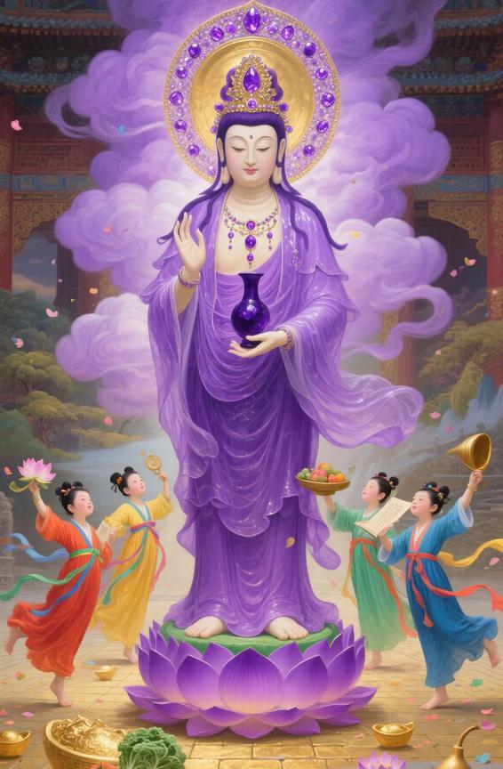 观音慈悲坐莲台，紫衣飘飘送子来。儿女聪慧又可爱，家庭和睦笑颜开。
送来麟儿全家喜