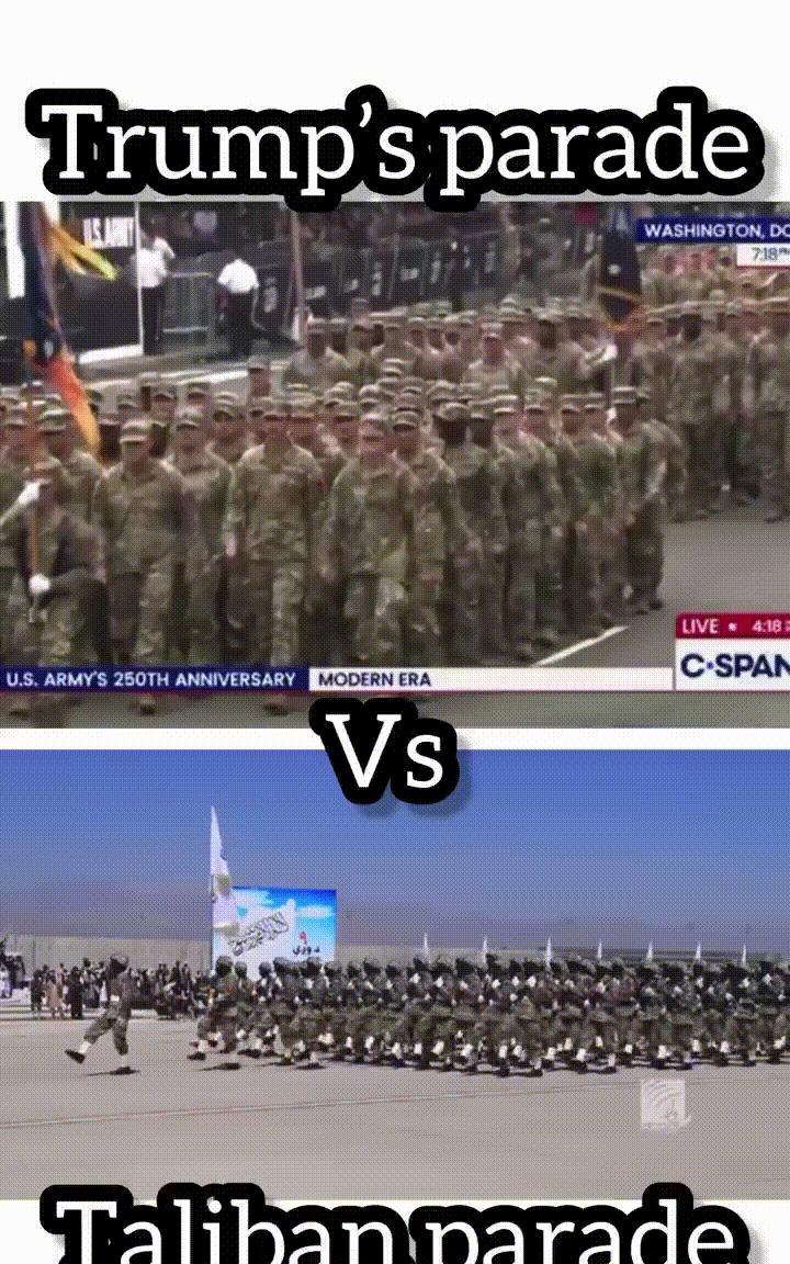 阅兵式：美国VS阿富汗塔利班：
上图是美国士兵的阵势，有媒体报道说，这些士兵心不