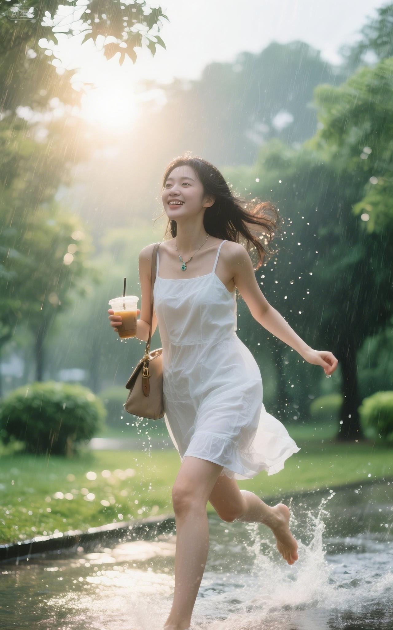 瞬间——摄影的魔力
雨幕如银线编织的网，悄然洒落。她赤脚闯入水洼，白裙随跑动扬起