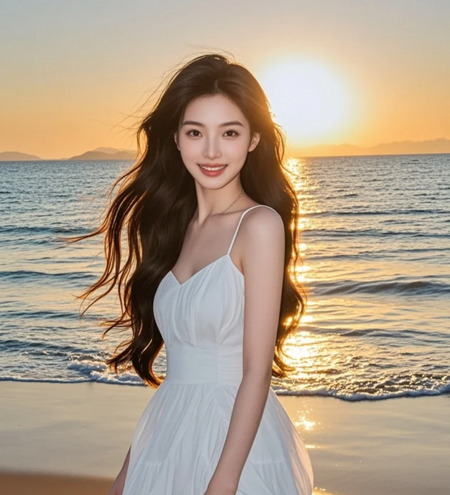 大牌女星的沙滩写真，长发飘逸，笑容甜美，气场强大无比