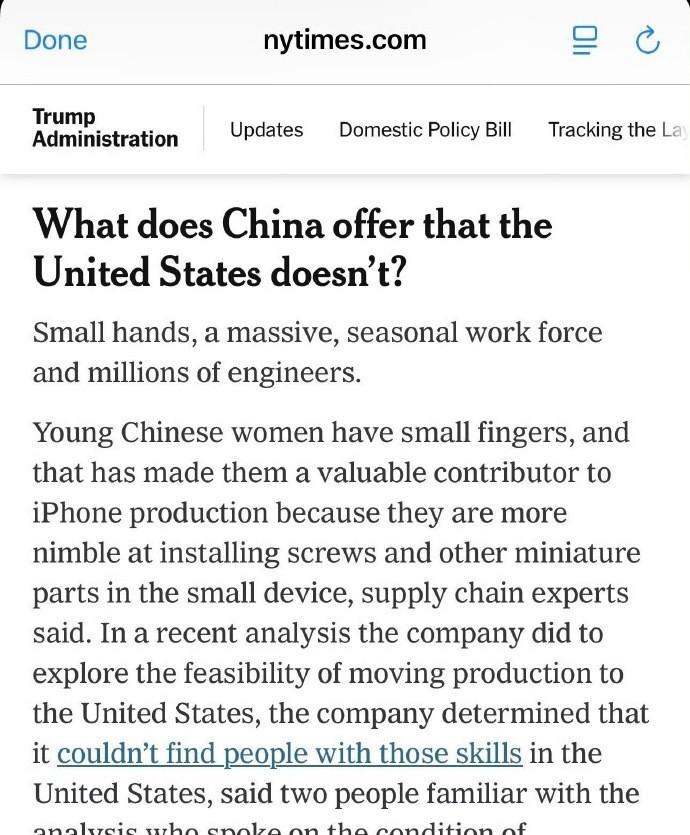 美媒：中国人造iPhone有优势是因为手小，美国因此争不过
在特朗普用加税威胁库