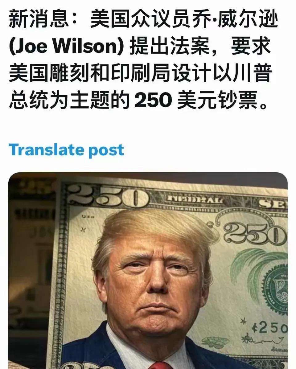 美国议员提议把特朗普印在250美元面额的美钞上，这事儿太有趣了。美国现行货币体系