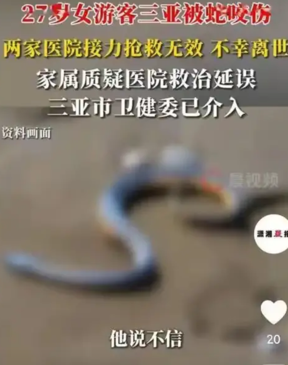 6月2日凌晨，海南三亚一名27岁女子甜甜在酒店附近散步时被不明物咬伤脚趾，伤口呈