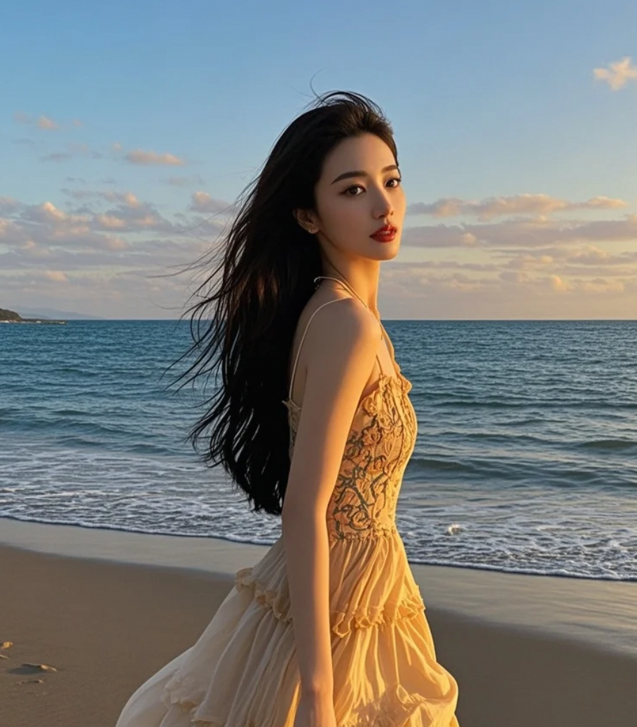 海边漫步，长发是她与自然的亲密连接