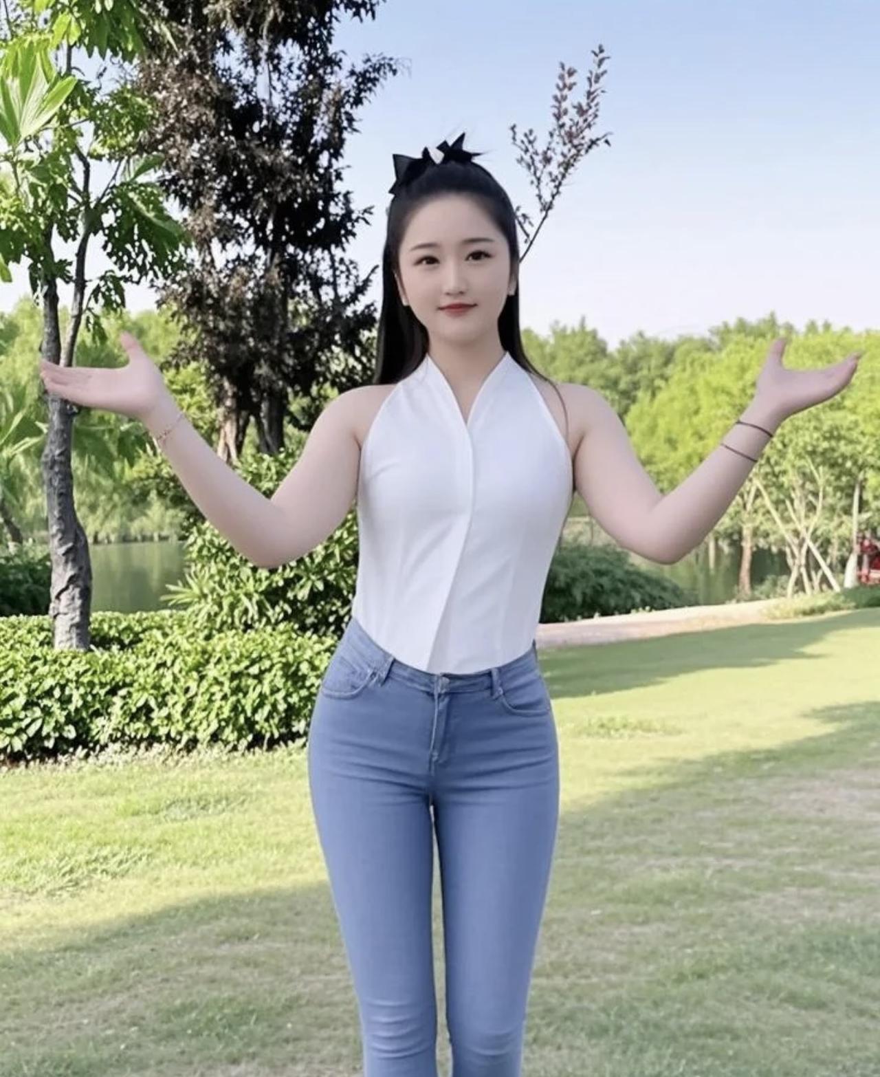 爱跳舞的女孩
公园草地阳光洒，少女翩跹似绽花。
白衫蓝裤风姿俏，舞步轻盈人人夸。