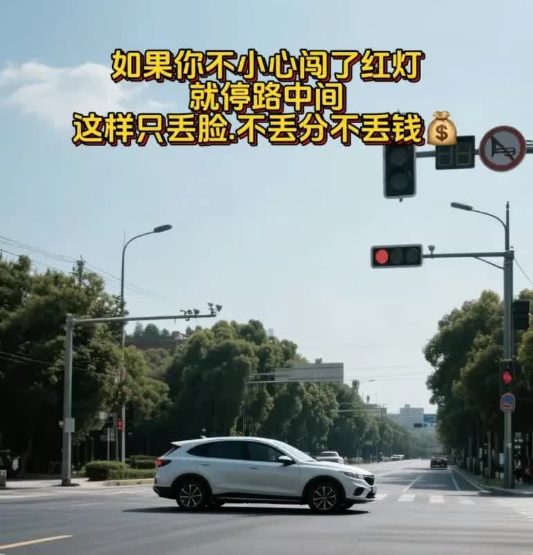 如果你不小心闯了红灯，就停路中间，这样只丢脸不丢钱不丢分
这个干过，只是当时成