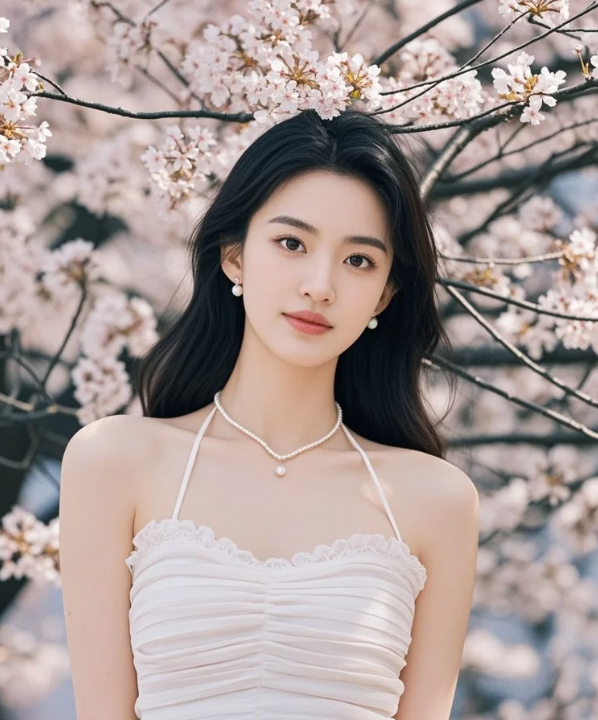 粉樱漫舞，美人浅笑映花容
