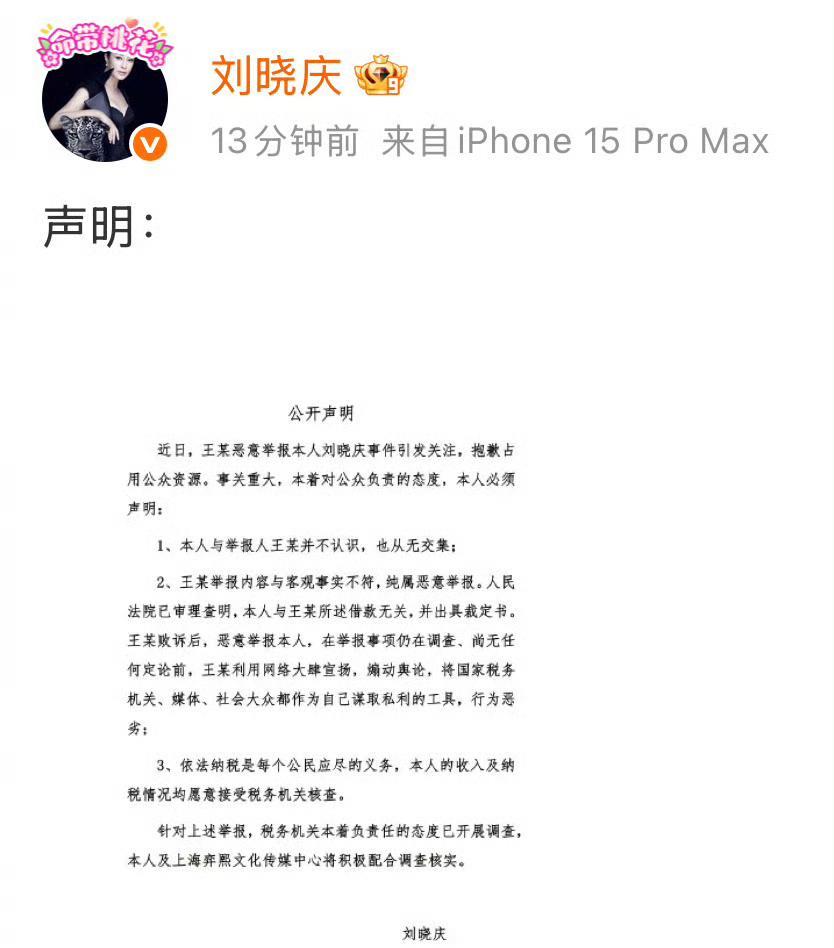 【刘晓庆回应被指偷税漏税】15日，刘晓庆发声明否认偷税漏税，称与举报人并不认识，