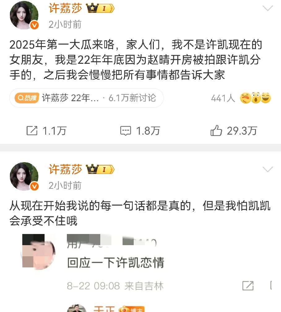 于正一句已报警，许荔莎出来捶许凯了。
两人22年恋爱。
之后许凯被拍到和赵晴在一