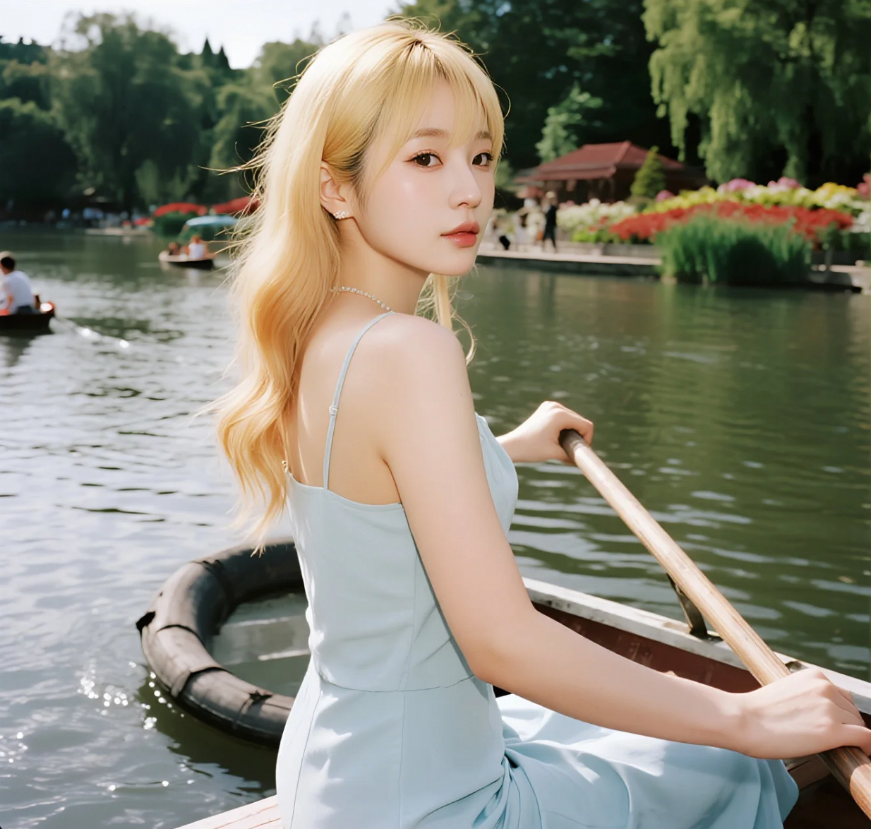 湖面上的精灵：白皙小姐姐划船的美好瞬间
