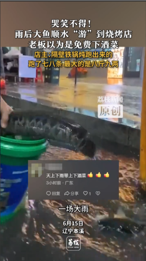 “这就是有缘无分啊！”6月15日，辽宁本溪，一位商铺老板眼看着从路边顺着雨水冲过