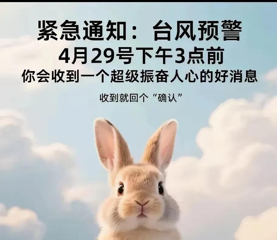 属兔的朋友看过来！特大喜讯预警：
明日15点前，必有惊喜降临！
收到好消息后，速