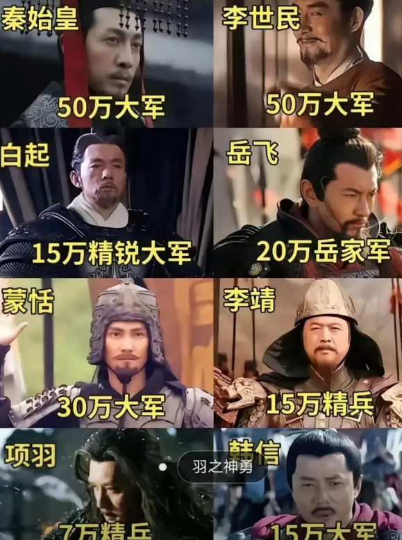 下面这些人拥有如下兵力进行死斗，哪家最强？
秦始皇50万大军，李世民50万大军，