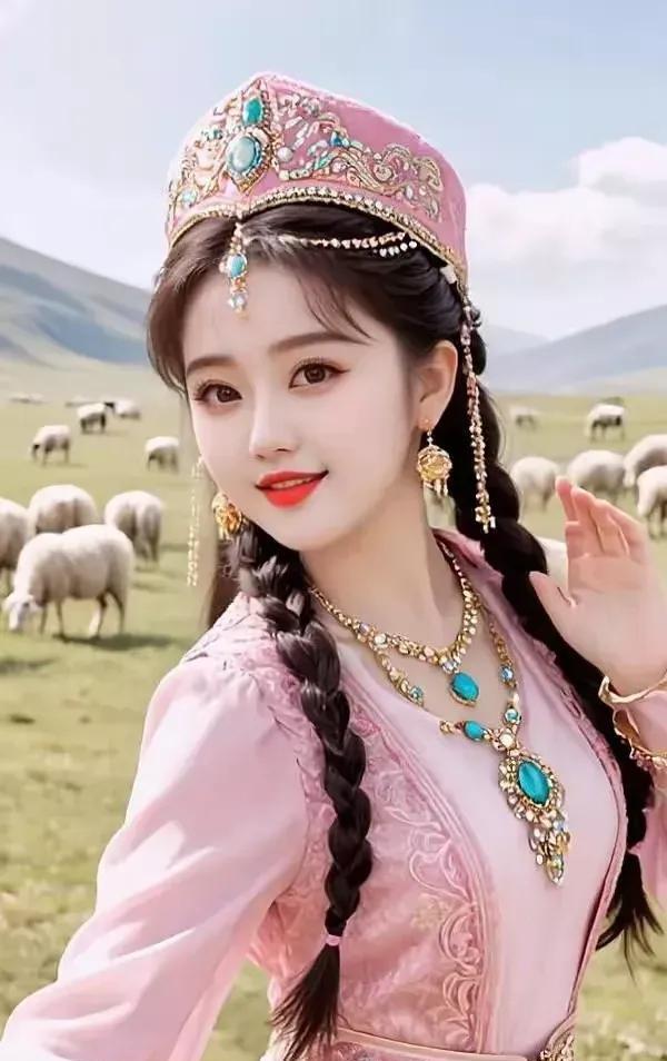 《赞异族佳人》
银饰叮当缀云鬟，
彩衣绚烂映晴川。
远山含黛羊群卧，
一笑风华落