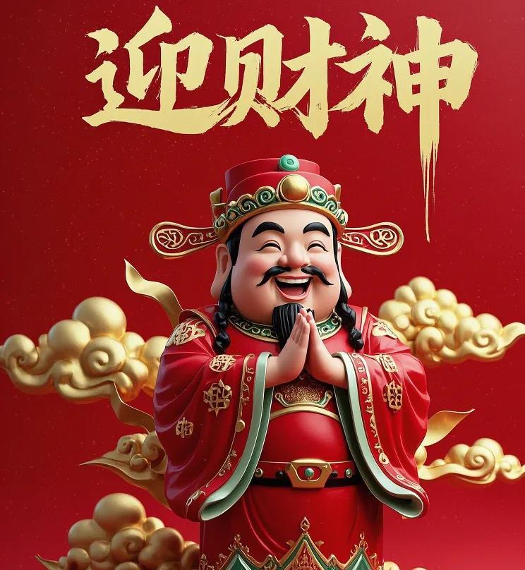 财神降世，福泽人间。
举目望去，财神笑容满面，红衣似火，华丽的帽子与精美的服饰相