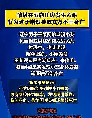 辽宁情侣酒店约会，
男子用力过猛，
导致女友死亡，大家看了这新闻没。


