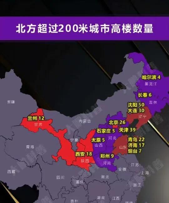 中国北方主要城市高度超过200米的高层建筑数量地图。沈阳50座位居第一，天津和大
