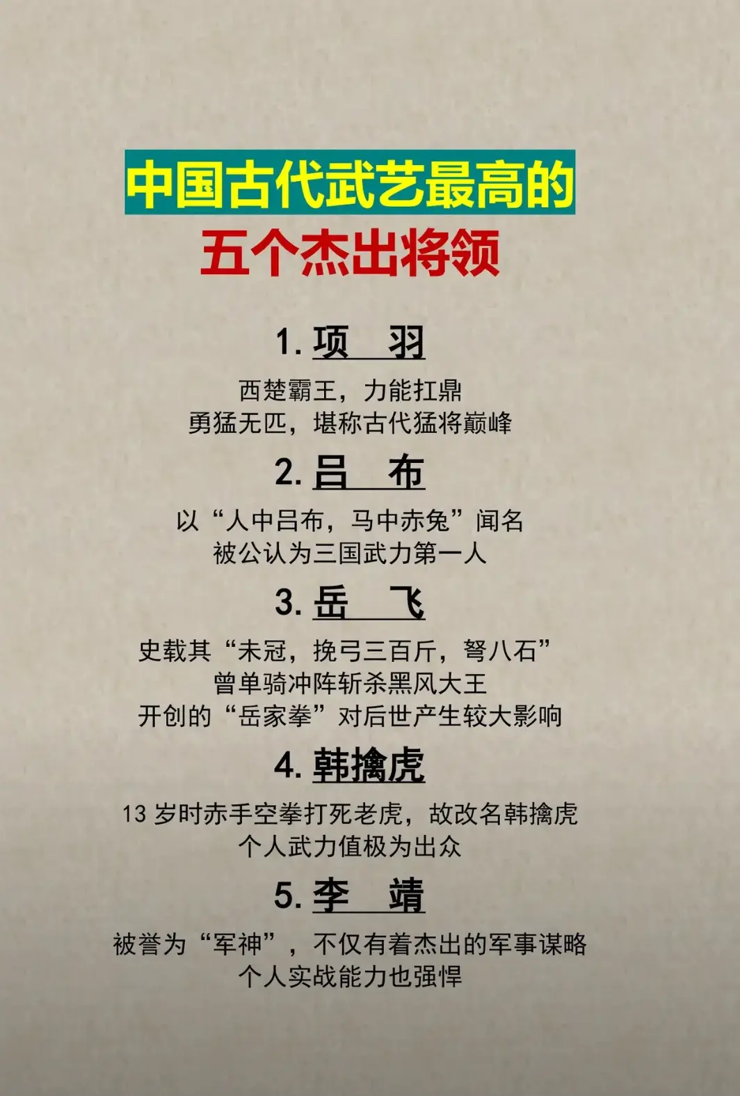 中国古代武艺最高的五个杰出将领