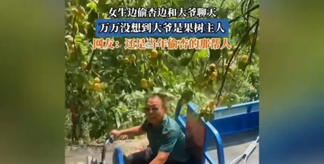 大清早的看到这么一则视频。
一群人路过果园在摘杏子。遇见一位老大哥，发生了图中