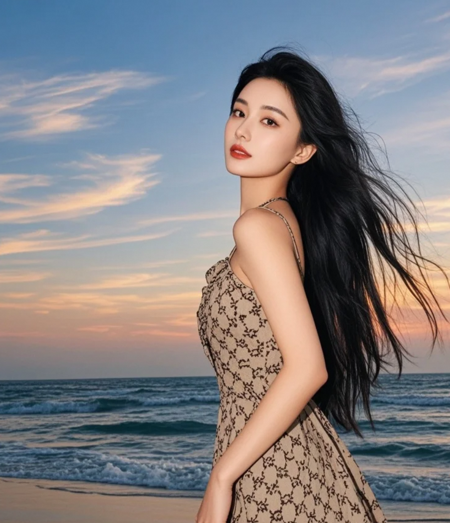 长发美人，踏浪而来，裙角沾满阳光的碎金