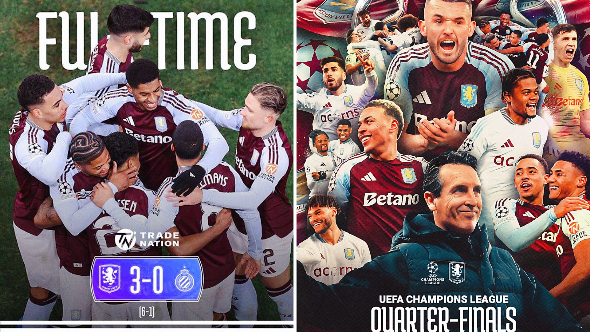 欧冠：阿斯顿维拉主场3-0击败布鲁日，总比分6-1轻松晋级8强。
阿森西奥双响，