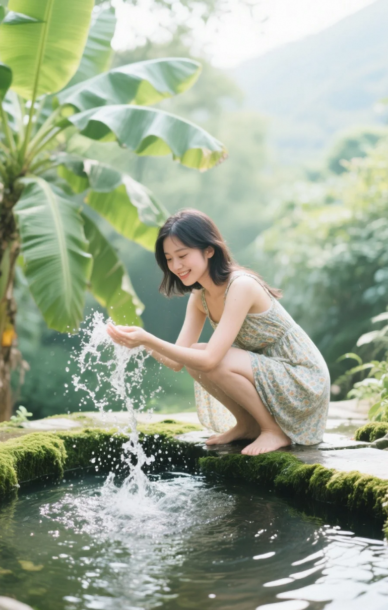 小水池旁，她的无忧时刻