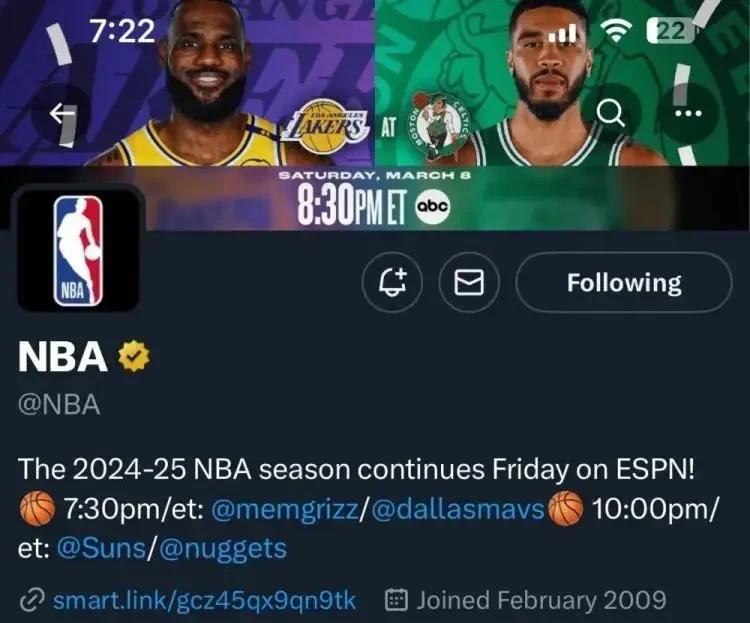 詹姆斯真有排面啊
NBA官方将社媒账号背景图更换为詹姆斯vs塔特姆的海报，为明日