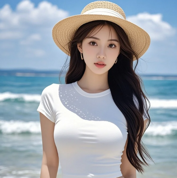 海天一线映红颜，浪花飞溅笑如仙