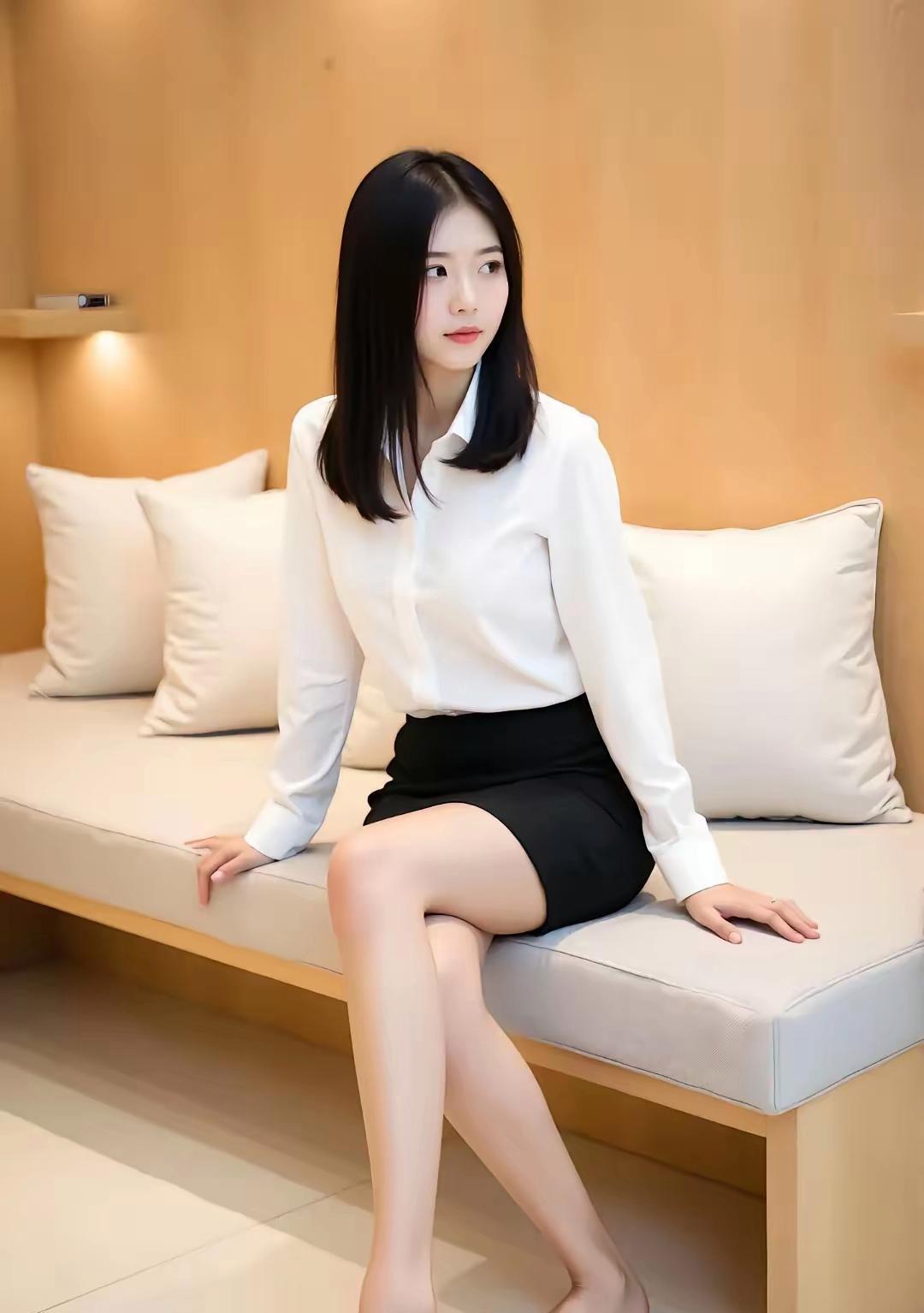 "今天穿了白衬衫和黑短裙，坐在沙发上，光脚丫好舒服~"