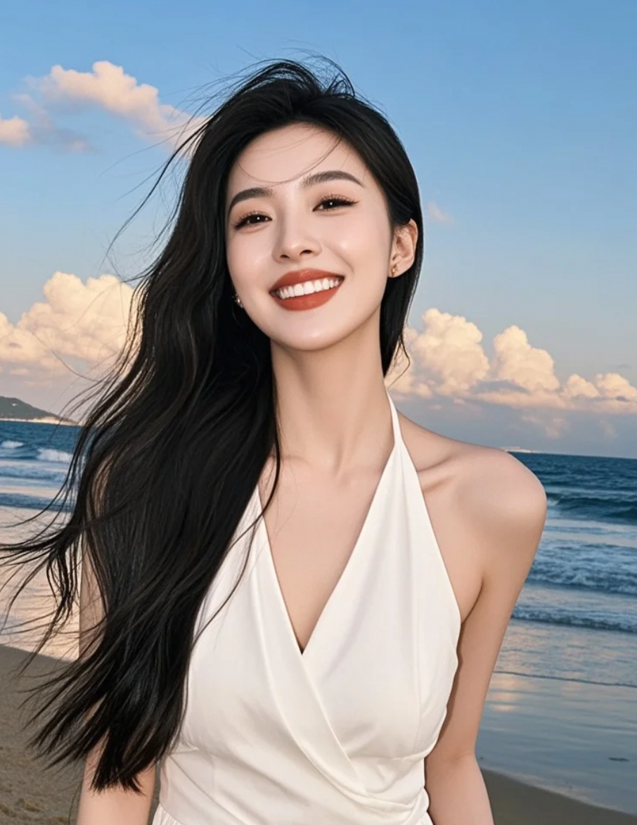 她是暮色中的精灵，长发是翅膀，白裙是光芒