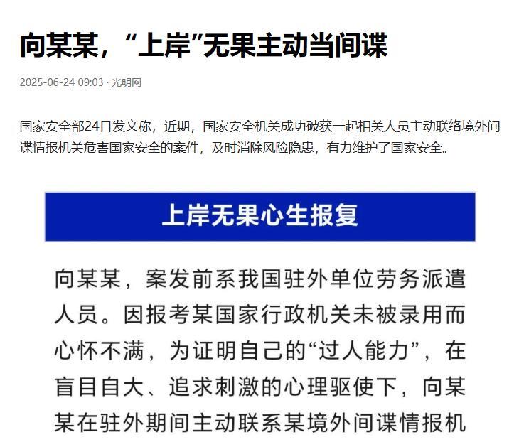 2025年6月，央视曝光：又一内鬼落网！驻外劳务人员向某某，因考公失败心生怨气，