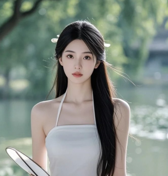 她站在湖边，像一首未写完的诗