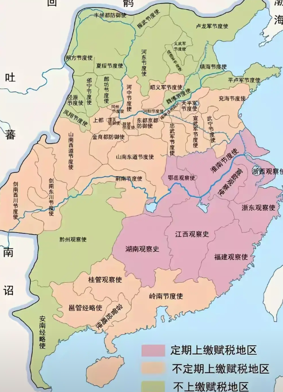 唐朝末期藩镇割据图

唐朝末期，整个北方都是割据半割据的藩镇节度使，完全割据的节