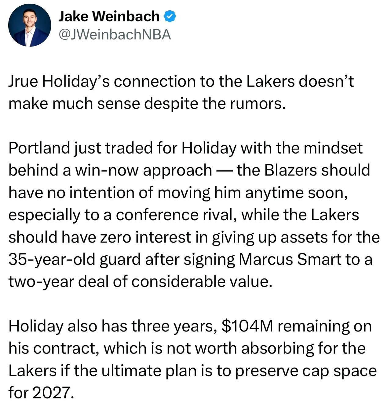 此前有报道称湖人有意霍勒迪，NBA记者Jake Weinbach对此表示：
“尽
