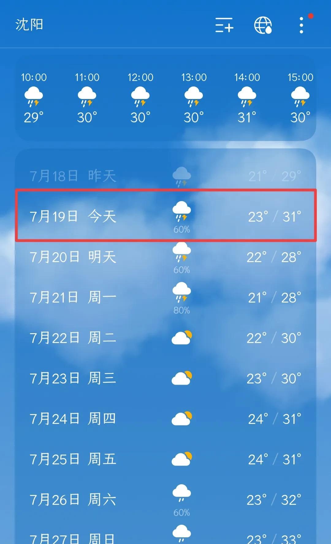 沈阳今天还是有雨，下雨时间在…
今天是7月19日，沈阳有阵雨转雷阵雨，最低气温2