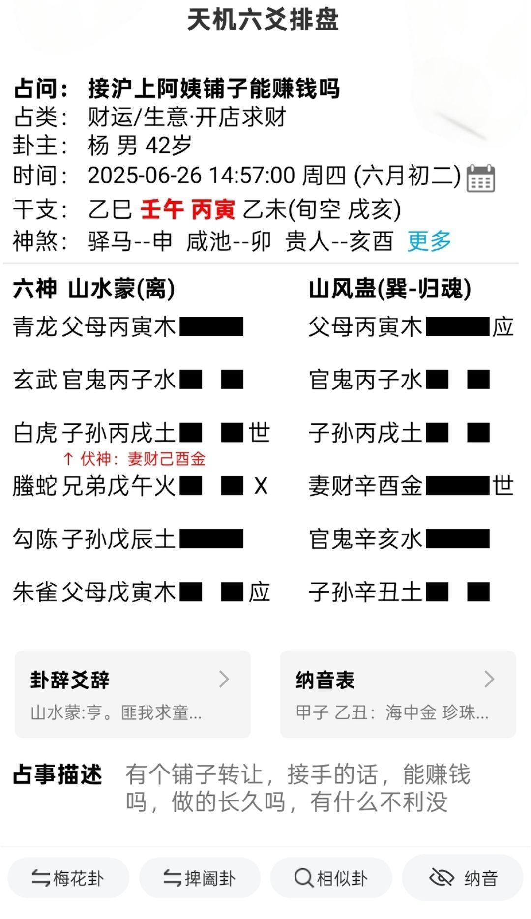 测接一奶茶店能挣钱吗？网友供稿，壬午月丙寅日摇卦得山水蒙变山风盅，六三爻动。
A