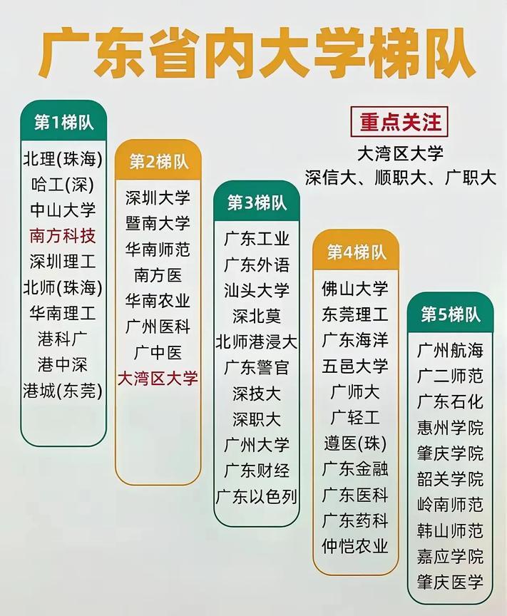 有人把广东的大学排好了梯队，我孩子读小学时我觉得他能轻松上第一梯队，我孩子读初中