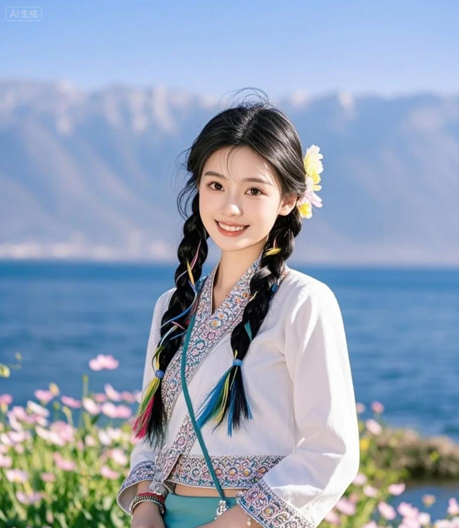 高原阳光下的双麻花与五彩丝线 