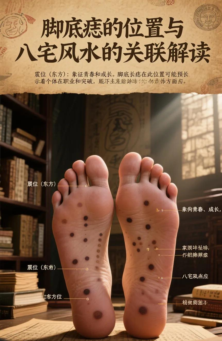痣的玄学意义与八宅风水
震位（东方）：象征青春和成长。脚底长痣在此位置可能预示着