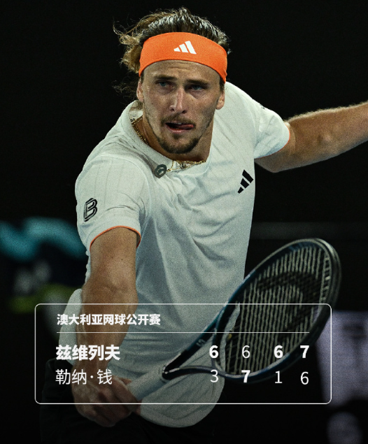 澳网2026男单1/4决赛，3号种子兹维列夫以6-3 6-7(5) 6-1 7-