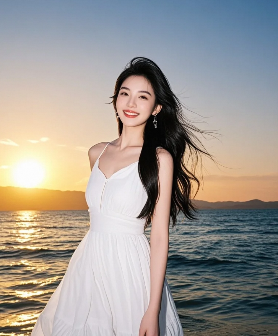 夕阳沉入海平线，裙角卷起金色的回忆