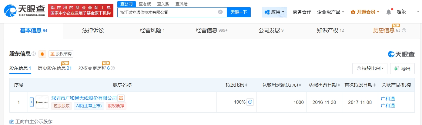 广和通旗下浙江诺控通信技术公司注销