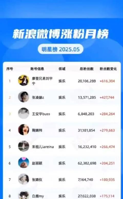 明星榜2025年5月
第一名，刘宇宁
第二名，张凌赫
第三名，王安宇
第4名，鞠
