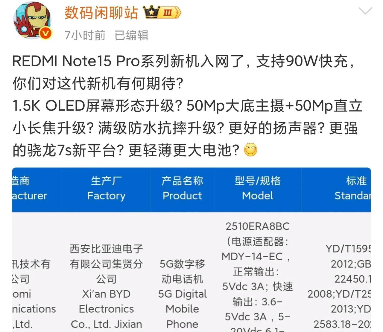 REDMI Note15 Pro正式入网，支持90W快充！
今天，数码博主@数码