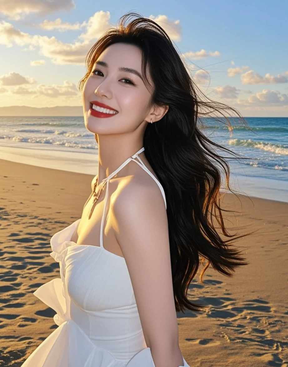 裙角飞扬，心也跟着飞向海天相接处