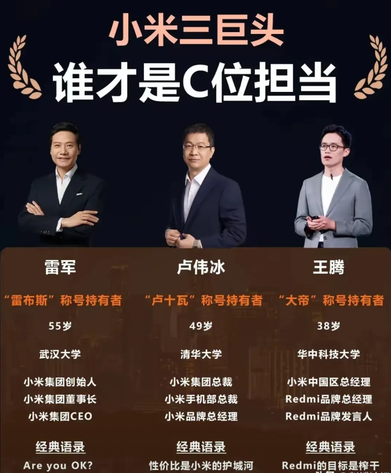 小米三巨头不应该包括王腾，王腾是未来的小米的高级合伙人，目前应该是雷军，卢伟冰，