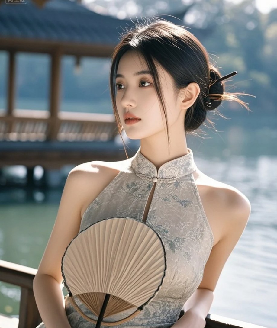 执扇听风，她的美不是张扬，而是沉静