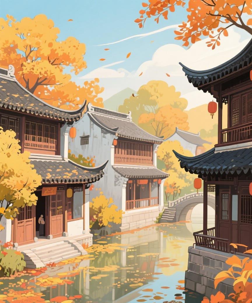 #AI妙生图#古巷碧水映秋黄，落叶轻舞，时光在此慢下脚步，静享岁月温柔。